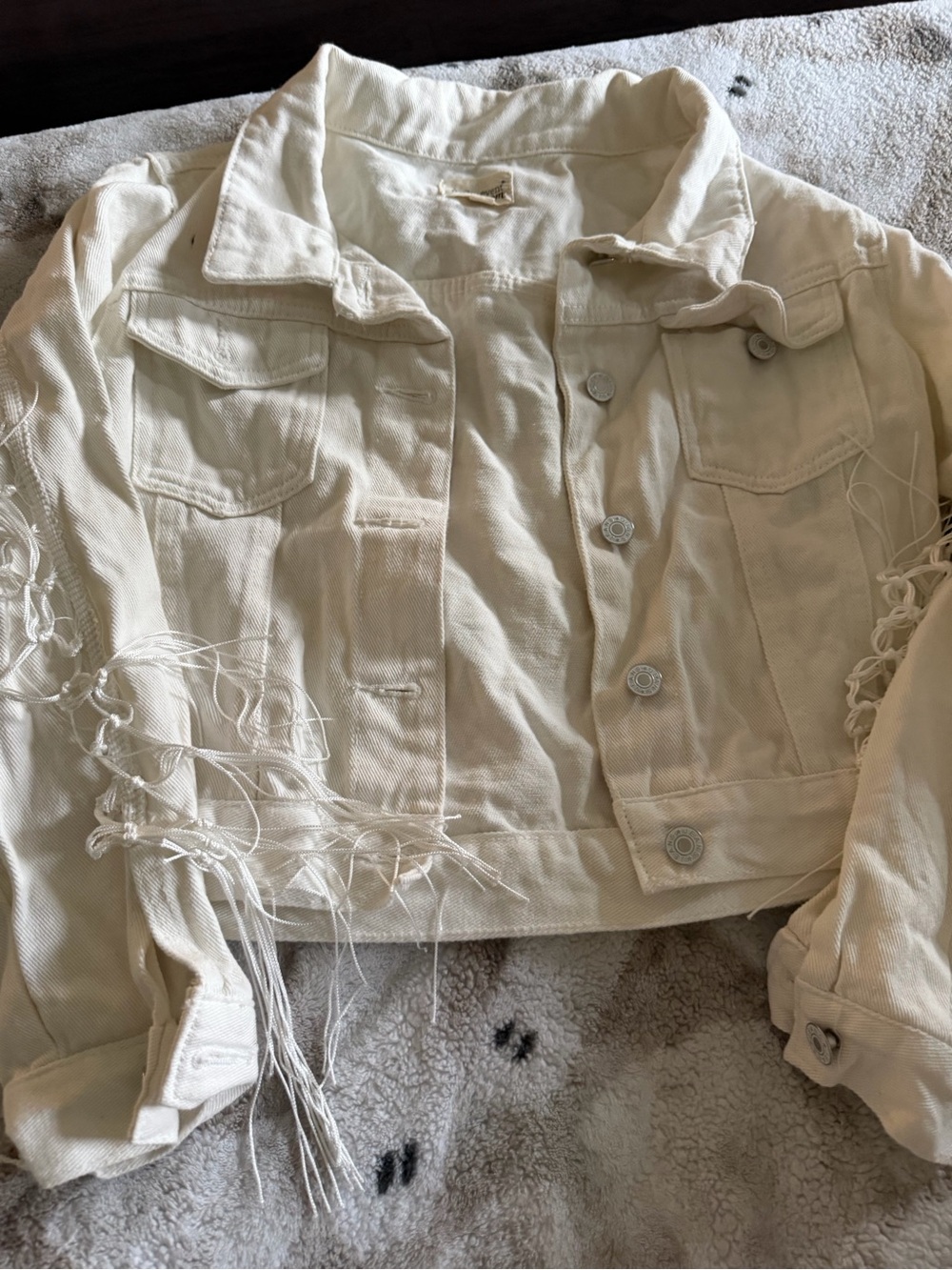 Cream Fringed Denim Jacket — Women's Jean Jacket